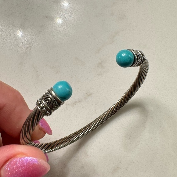 Silver Cable Bracelet with Faux Turquoise - Adjustable Silver Tone Cable Cuff - Picture 5 of 13